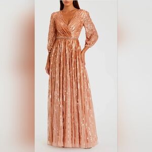 Mac Duggal Chiffon 3/4 Sleeves Sequin Gown in APRICOT
